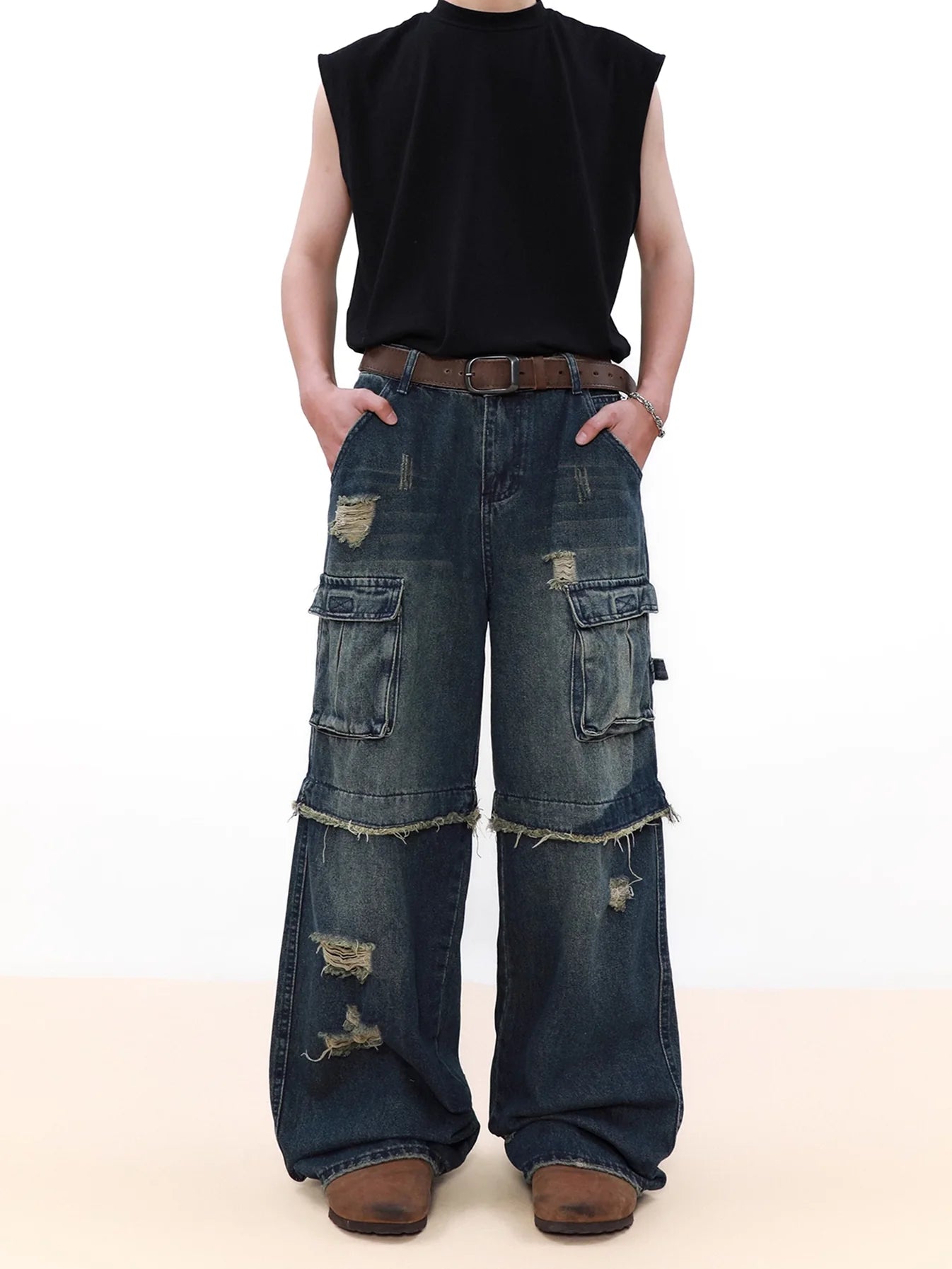 Raw Edge Splicing Denim Pants