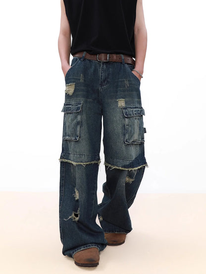 Raw Edge Splicing Denim Pants