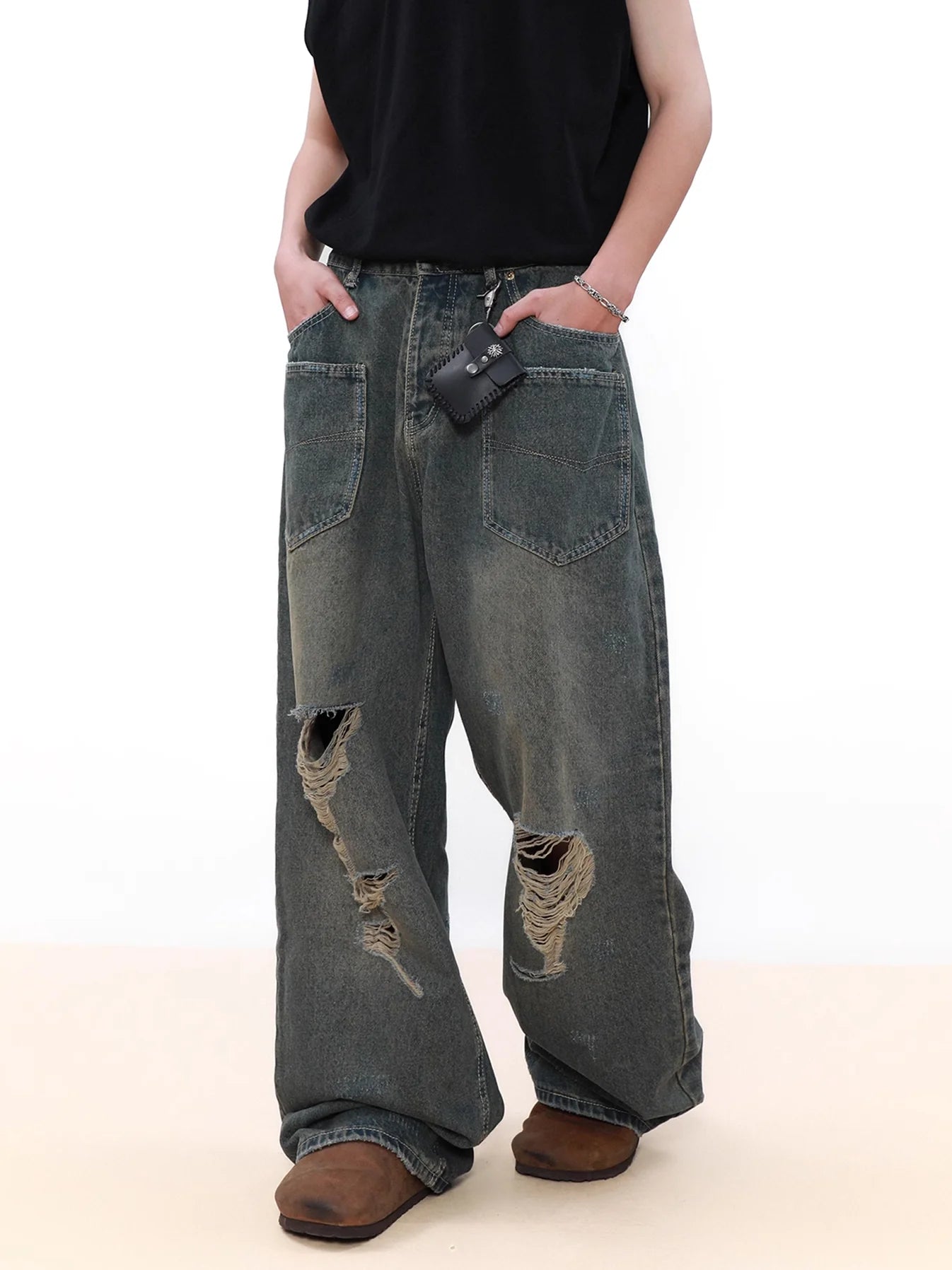 Broken Hole Loose Denim Pants