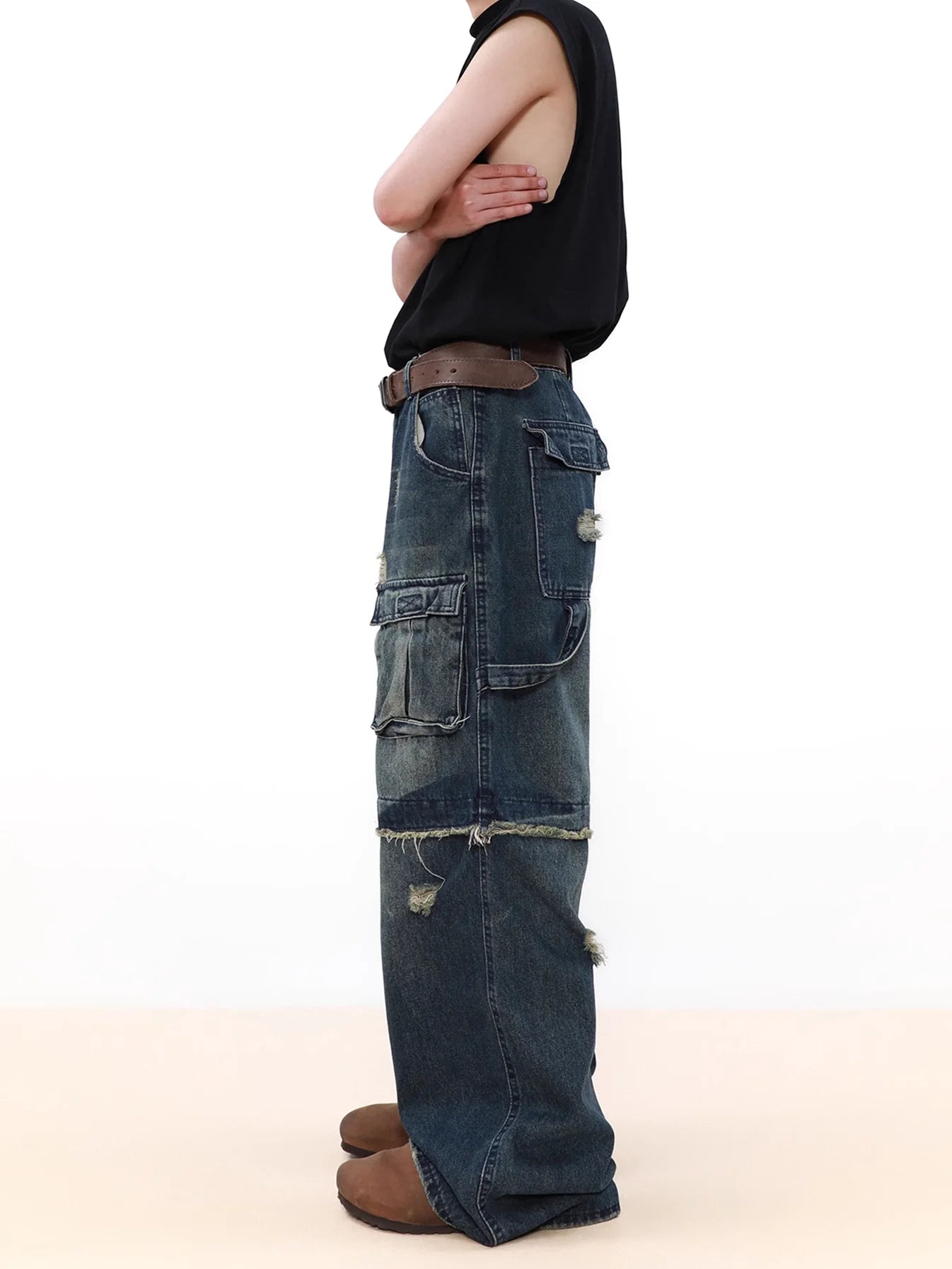 Raw Edge Splicing Denim Pants