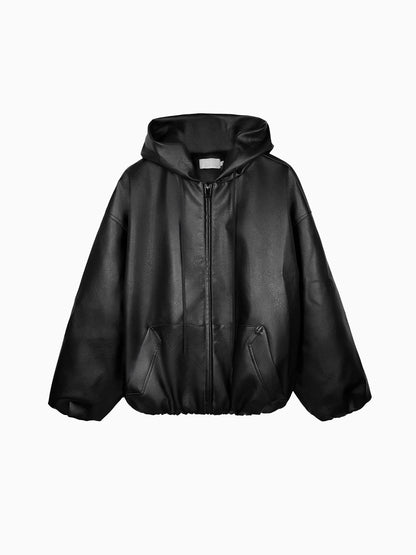 Glossy Thick Leather Zip Hooded Jacket