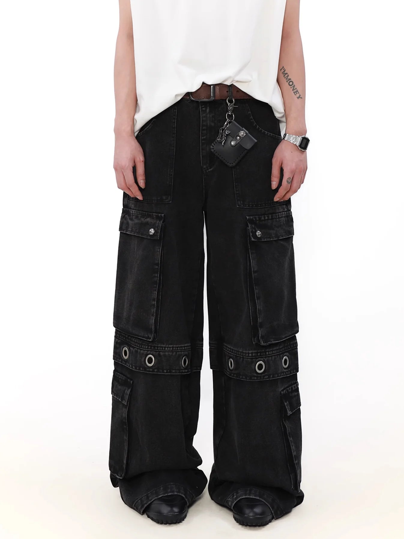 Multi Pocket Belt Denim Cargo Pants