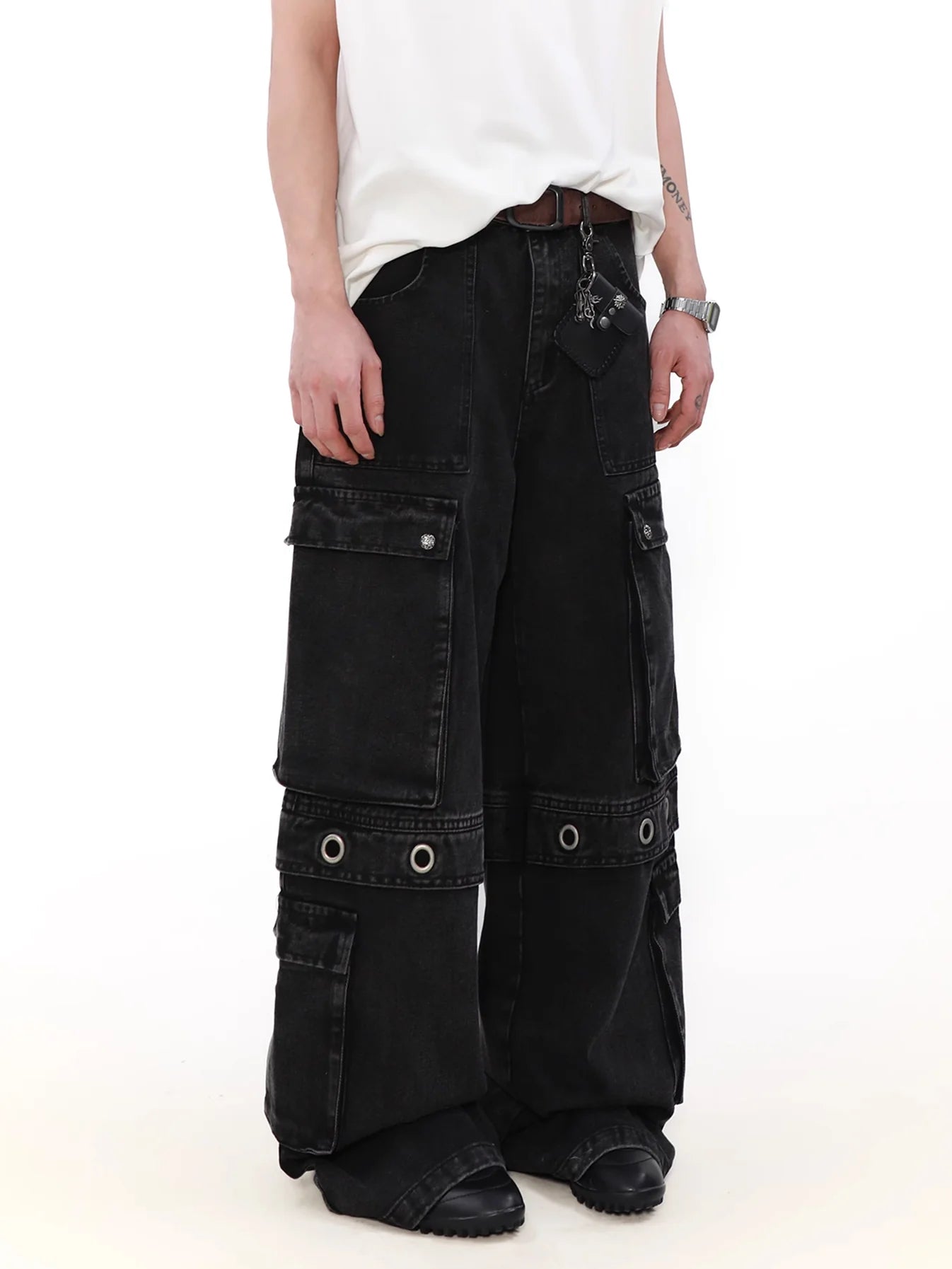 Multi Pocket Belt Denim Cargo Pants