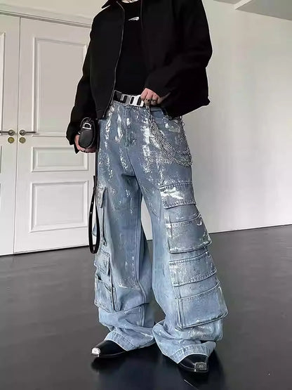 Metal Coating Cargo Denim Pants