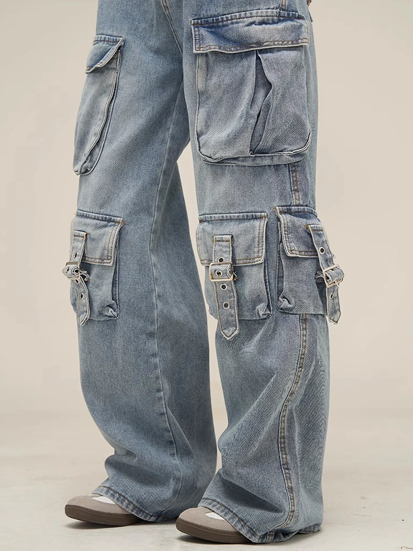 Multi Pocket Belt Work Denim Pants