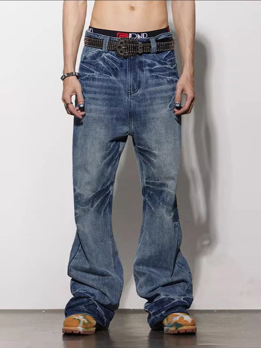 Lightning Pattern Aged Denim Pants