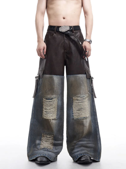 Patchwork Leather Denim Pants