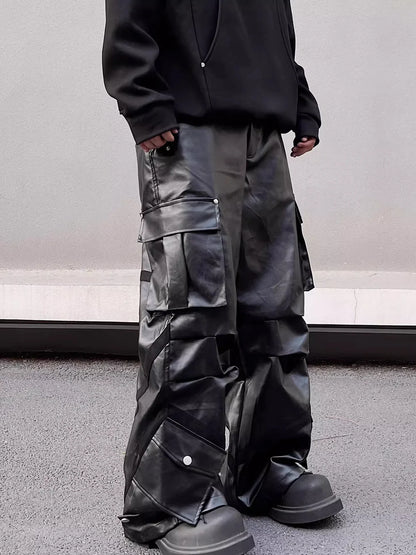 Pleats Leather Cargo Pants