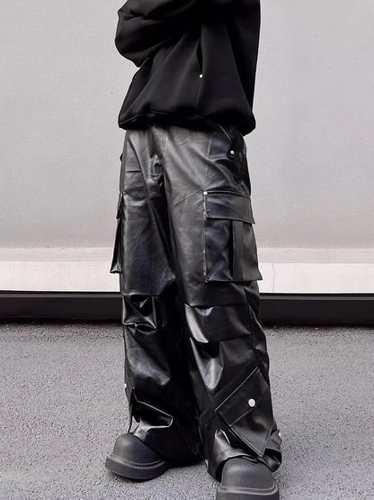 Pleats Leather Cargo Pants